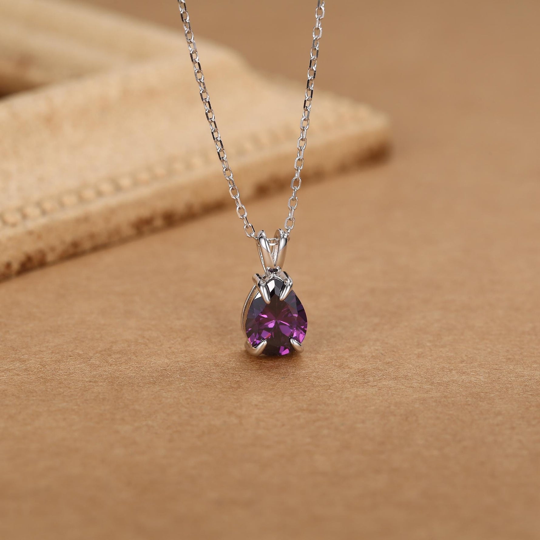 Amethyst Purple CZ Pear Cut Pendant Necklace