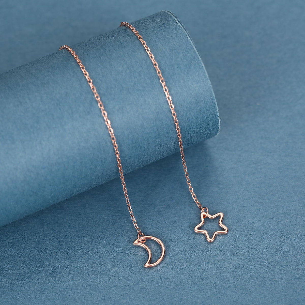Asymmetric Star and Moon Ear Threaders in Sterling Silver, Delicate Star and Moon Threader Earrings, Dainty Open Star Dangle Earrings
