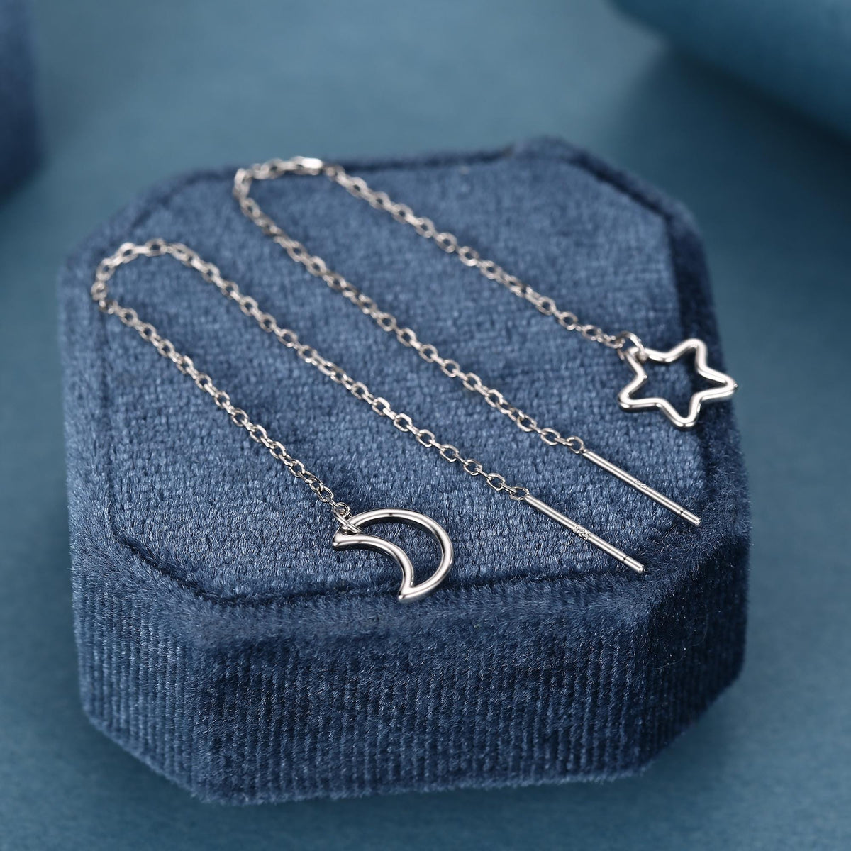 Asymmetric Star and Moon Ear Threaders in Sterling Silver, Delicate Star and Moon Threader Earrings, Dainty Open Star Dangle Earrings