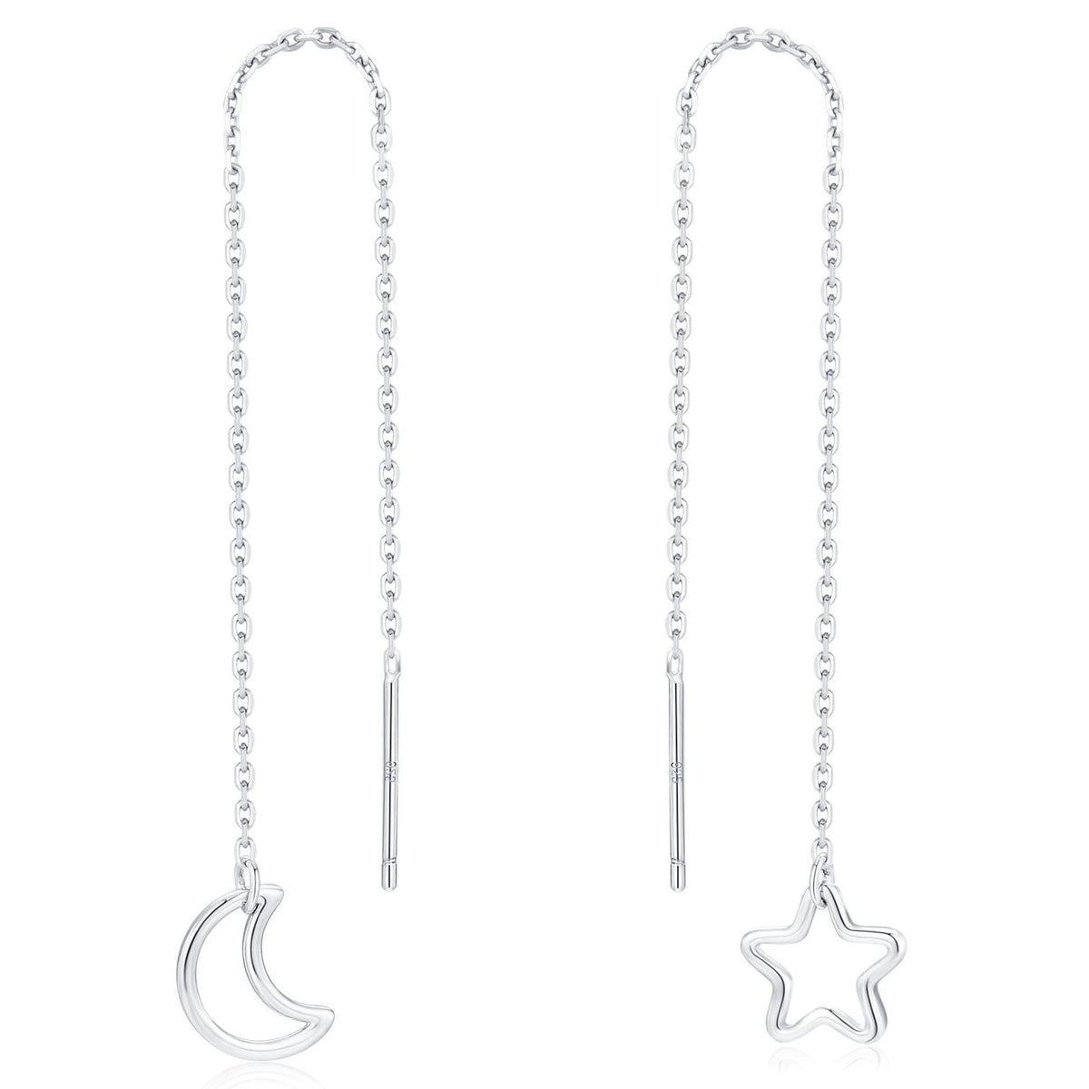 Asymmetric Star and Moon Ear Threaders in Sterling Silver, Delicate Star and Moon Threader Earrings, Dainty Open Star Dangle Earrings