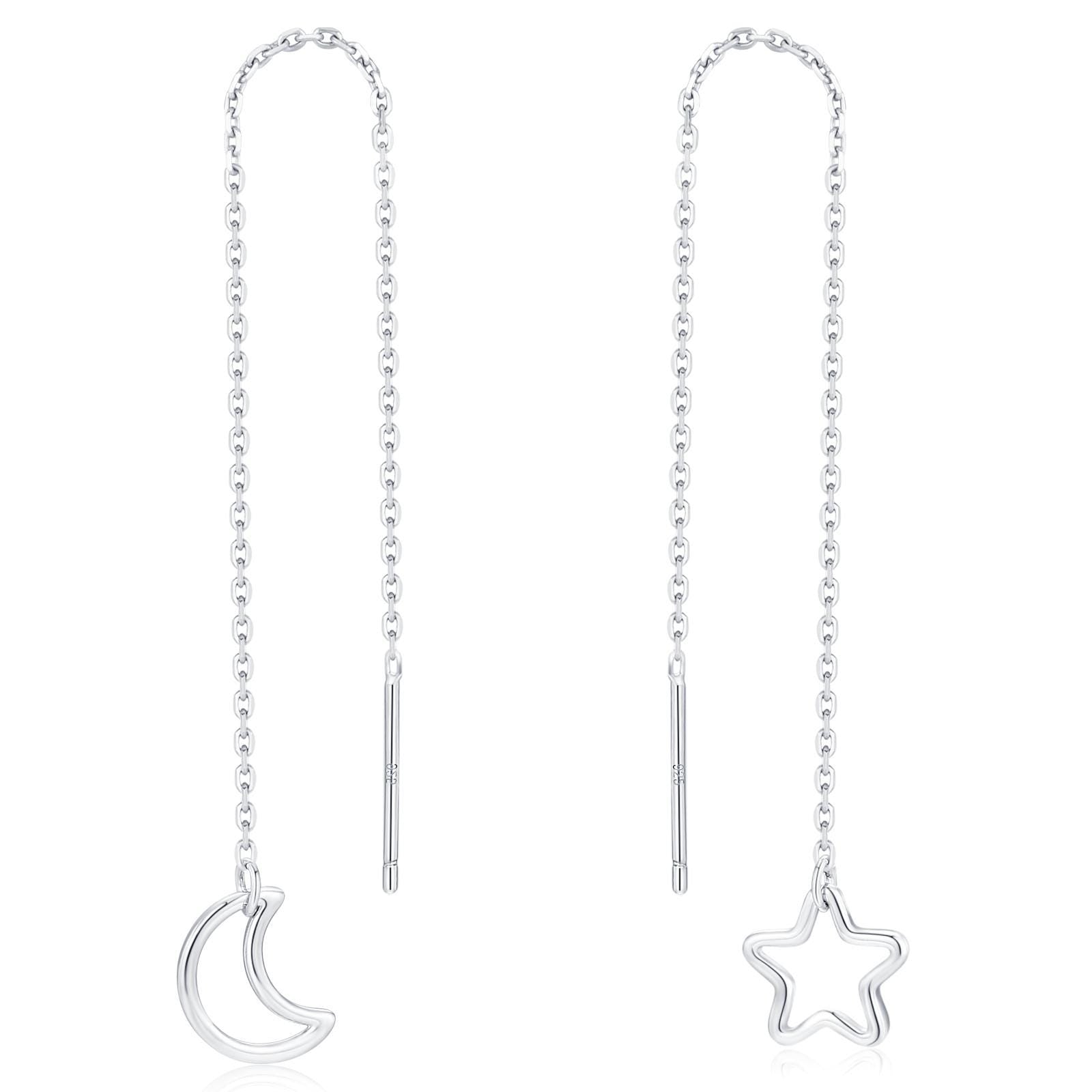 Asymmetric Star and Moon Ear Threaders in Sterling Silver, Delicate Star and Moon Threader Earrings, Dainty Open Star Dangle Earrings