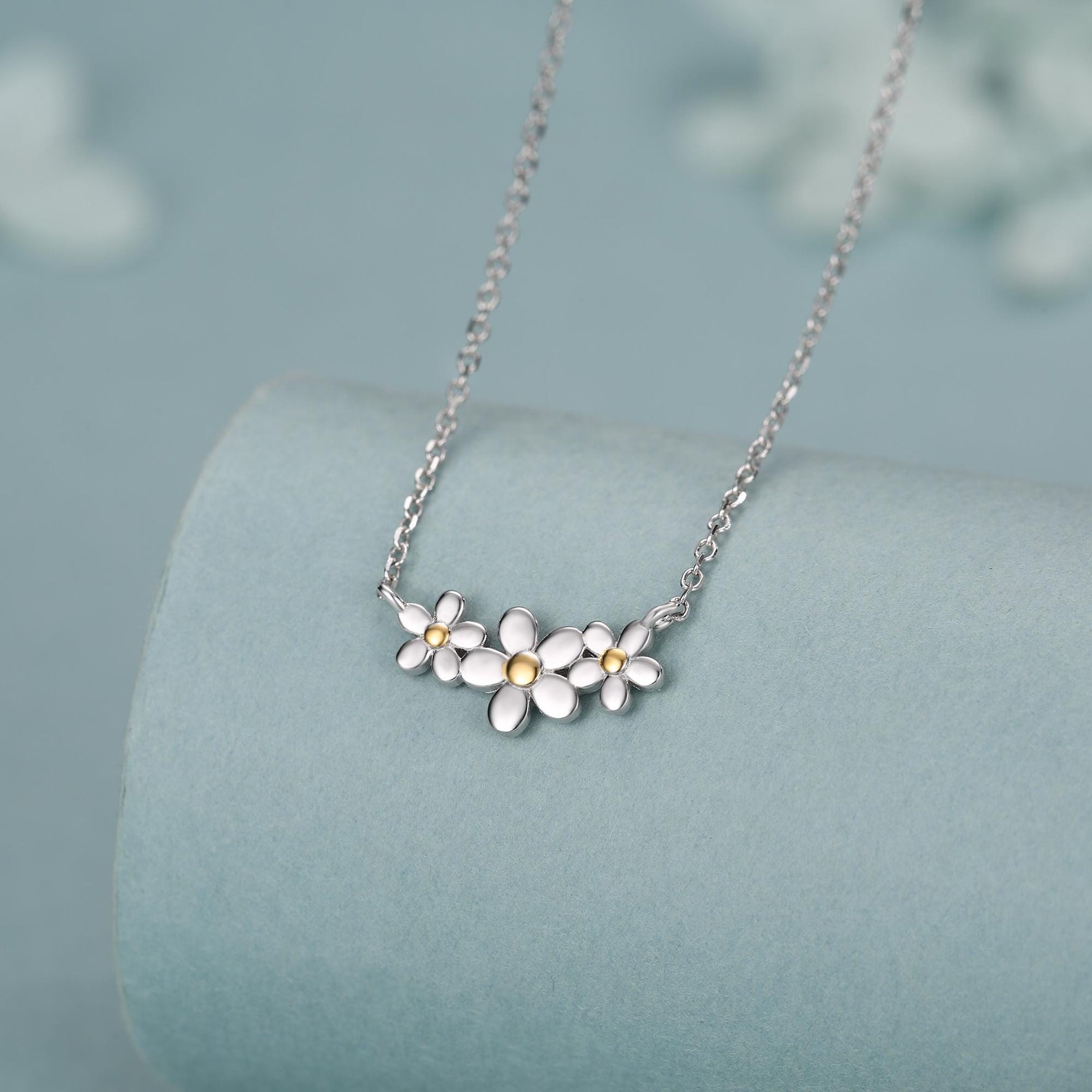 Forget Me Not Flower Trio Pendant Necklace