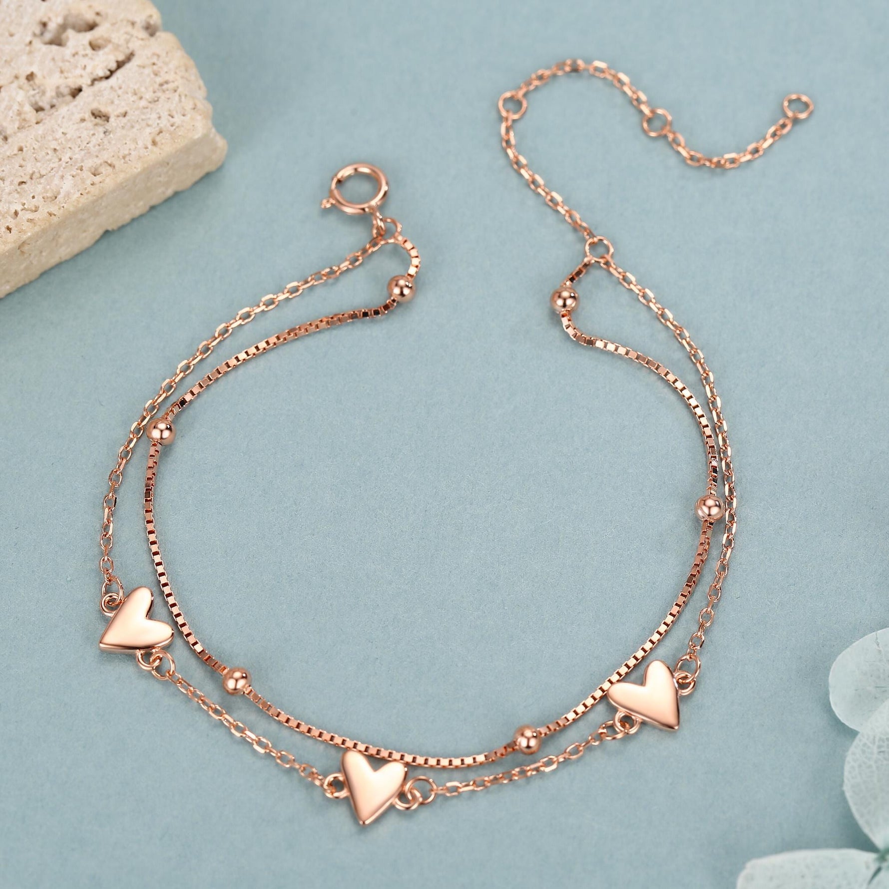 Double Layer Three Hearts Charm Bracelet