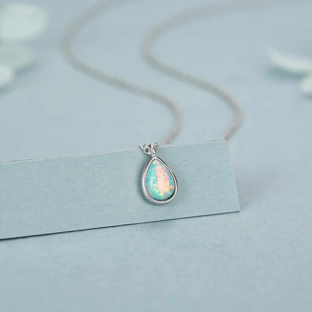 Green Opal Droplet Pendant Necklace in Sterling Silver, Lab Opal Necklace, Pear Shape Opal Necklace, Fire Opal Necklace