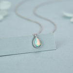 Green Opal Droplet Pendant Necklace in Sterling Silver, Lab Opal Necklace, Pear Shape Opal Necklace, Fire Opal Necklace