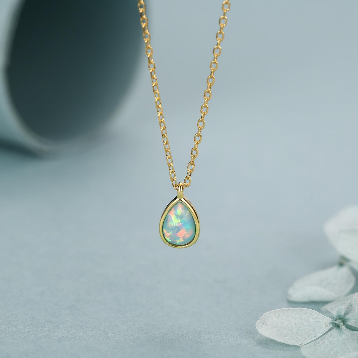 Green Opal Droplet Pendant Necklace in Sterling Silver, Lab Opal Necklace, Pear Shape Opal Necklace, Fire Opal Necklace
