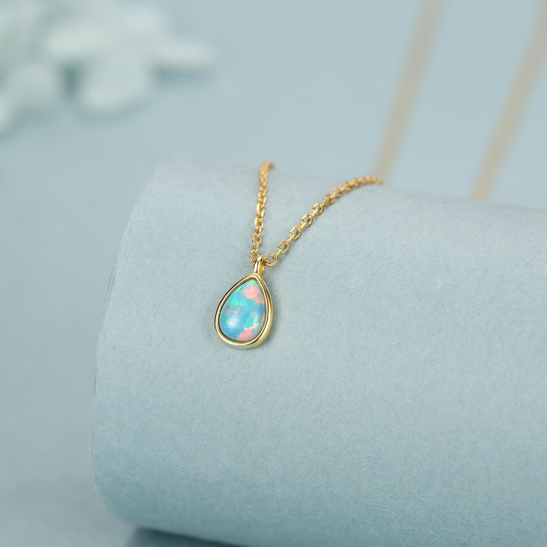 Green Opal Droplet Pendant Necklace in Sterling Silver, Lab Opal Necklace, Pear Shape Opal Necklace, Fire Opal Necklace