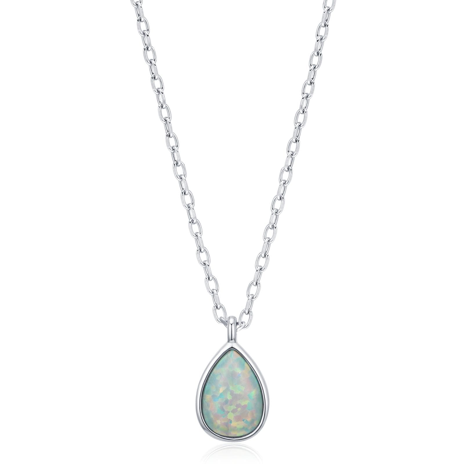 Green Opal Droplet Pendant Necklace in Sterling Silver, Lab Opal Necklace, Pear Shape Opal Necklace, Fire Opal Necklace