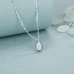 Green Opal Droplet Pendant Necklace in Sterling Silver, Lab Opal Necklace, Pear Shape Opal Necklace, Fire Opal Necklace