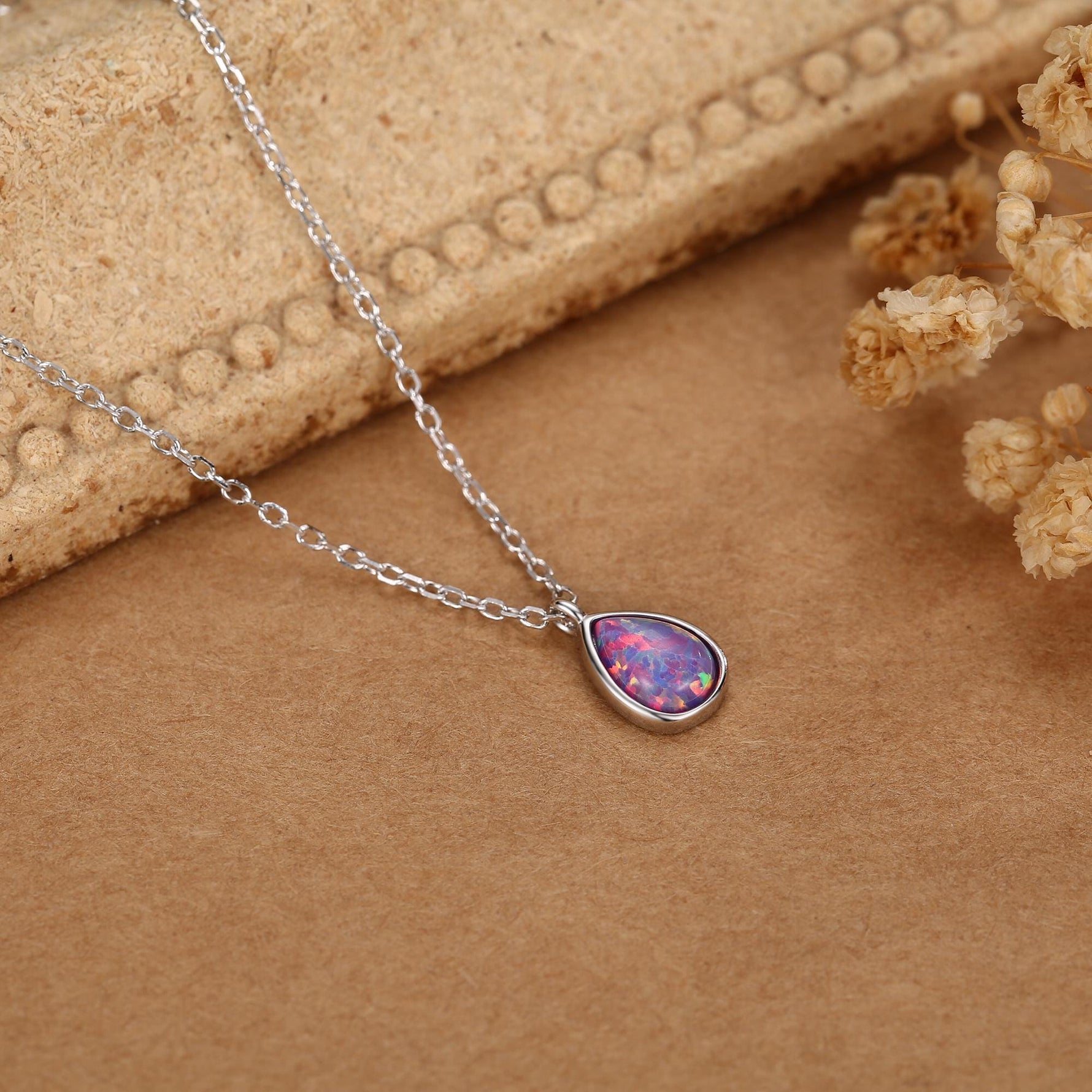 Droplet Purple Opal Pendant Necklace in Sterling Silver, Lab Opal Necklace, Pear Shape Opal Necklace, Fire Opal Necklace