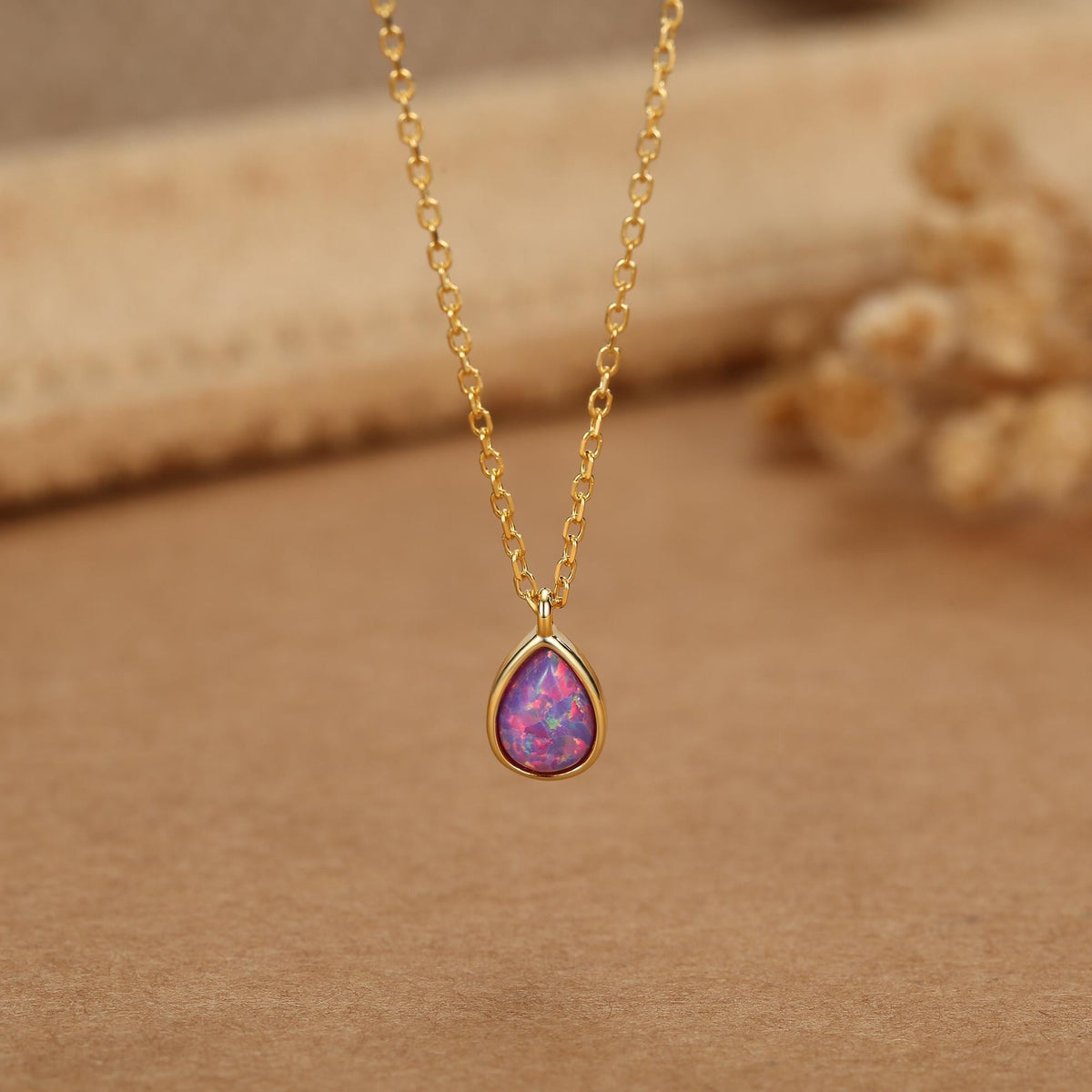 Droplet Purple Opal Pendant Necklace in Sterling Silver, Lab Opal Necklace, Pear Shape Opal Necklace, Fire Opal Necklace
