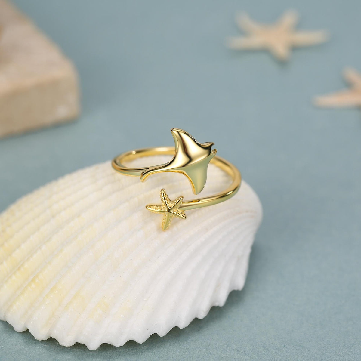Sterling Silver Manta Ray and Starfish Open Ring