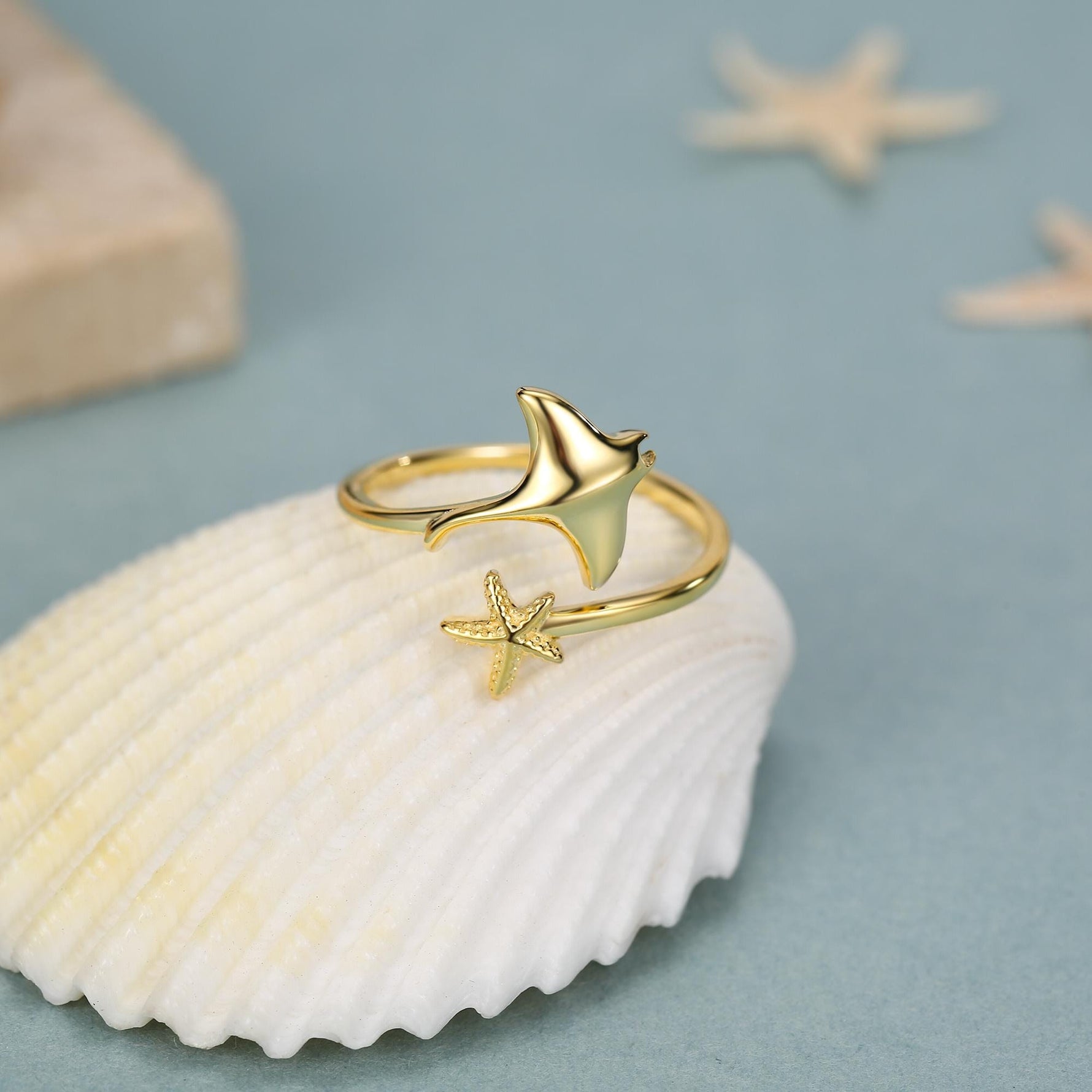Sterling Silver Manta Ray and Starfish Open Ring