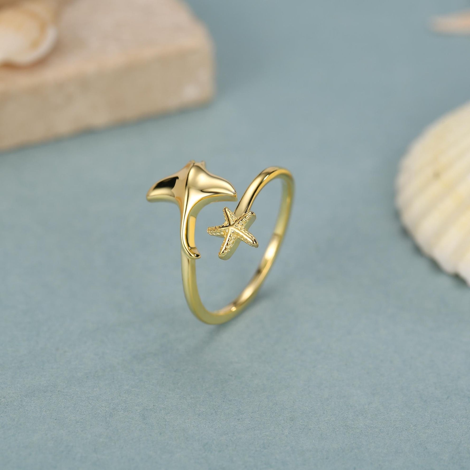 Sterling Silver Manta Ray and Starfish Open Ring
