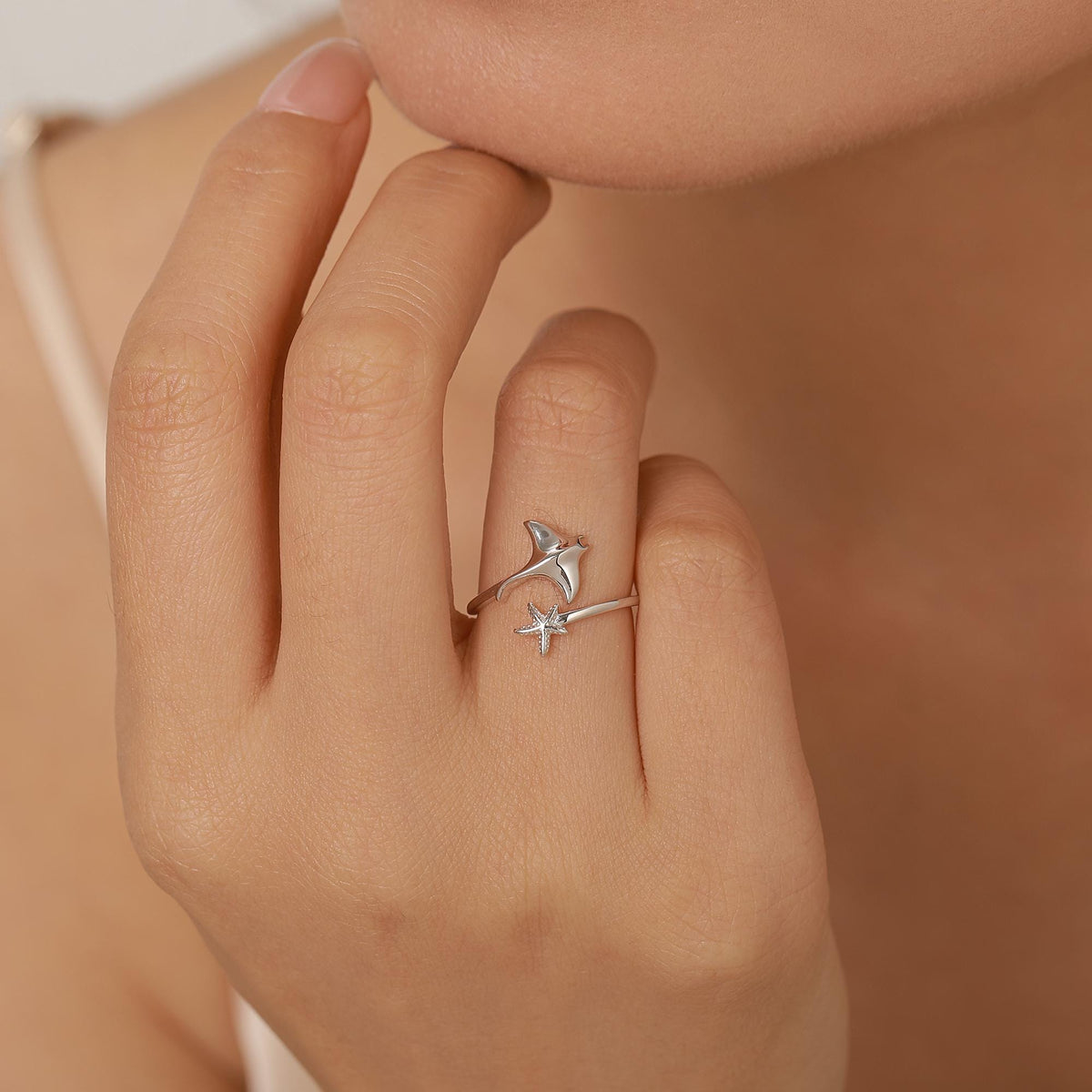 Sterling Silver Manta Ray and Starfish Open Ring