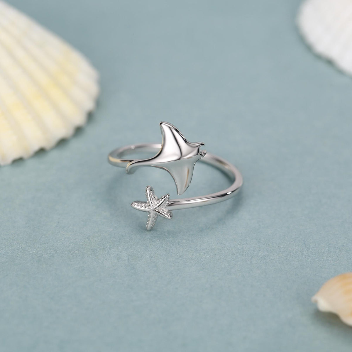 Sterling Silver Manta Ray and Starfish Open Ring