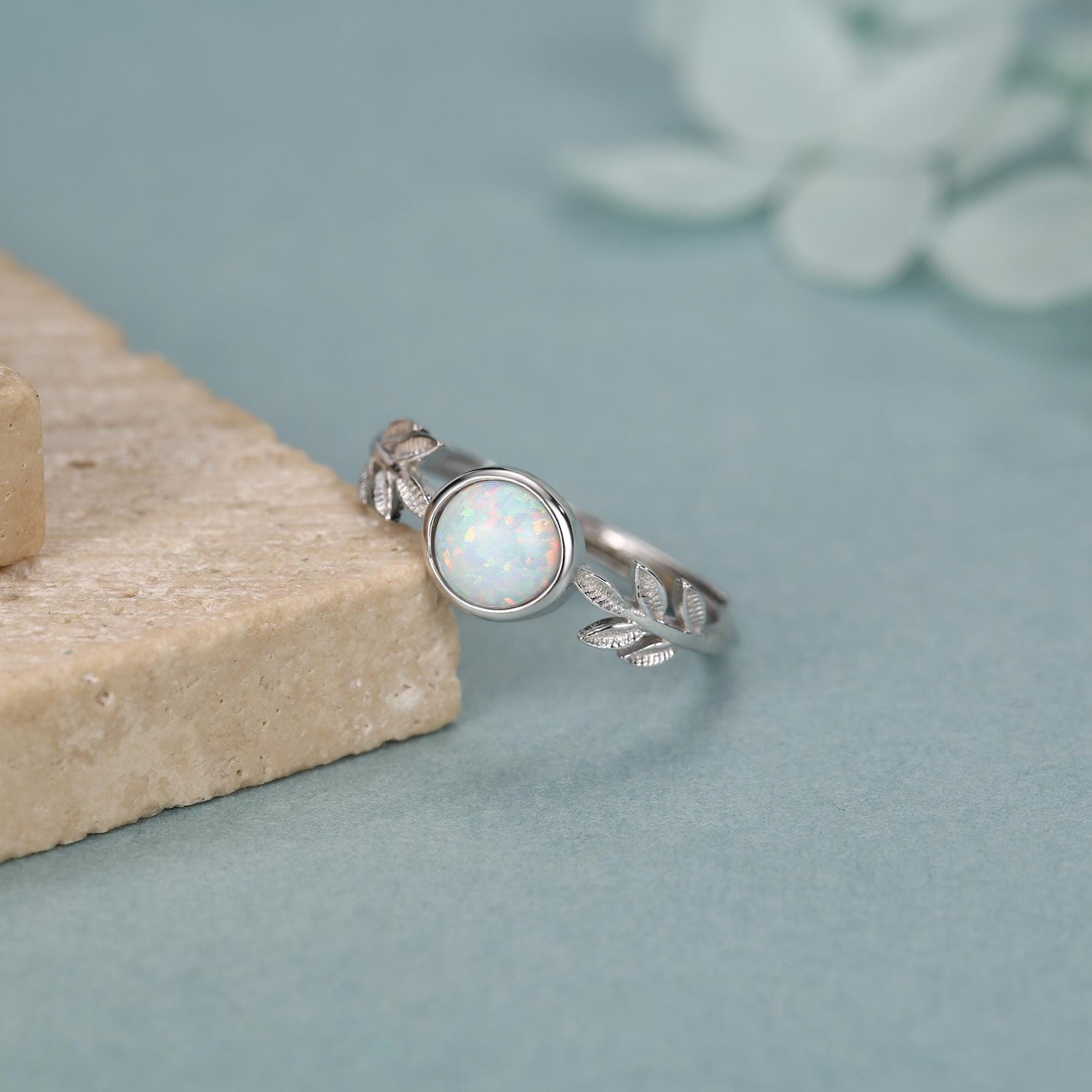 White Opal and Olive Leaf Gemstone Ring