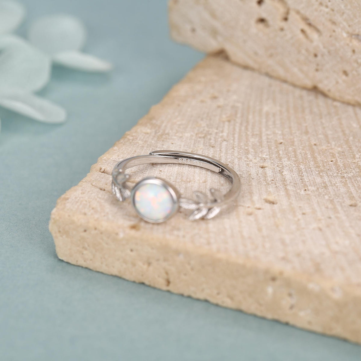 White Opal and Olive Leaf Gemstone Ring