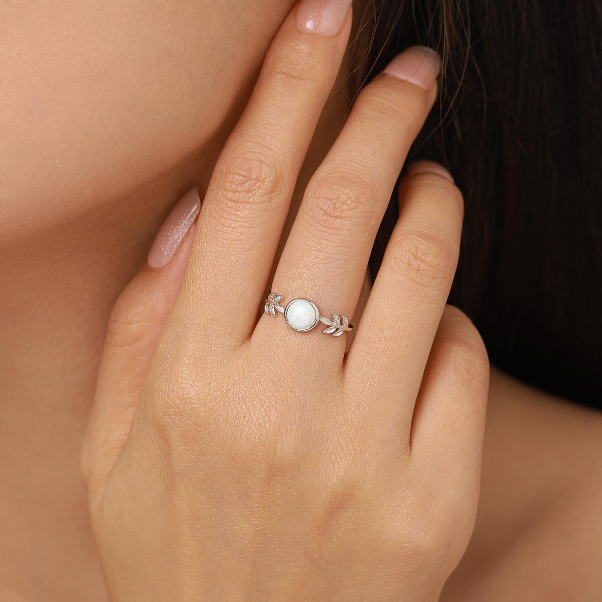 White Opal and Olive Leaf Gemstone Ring