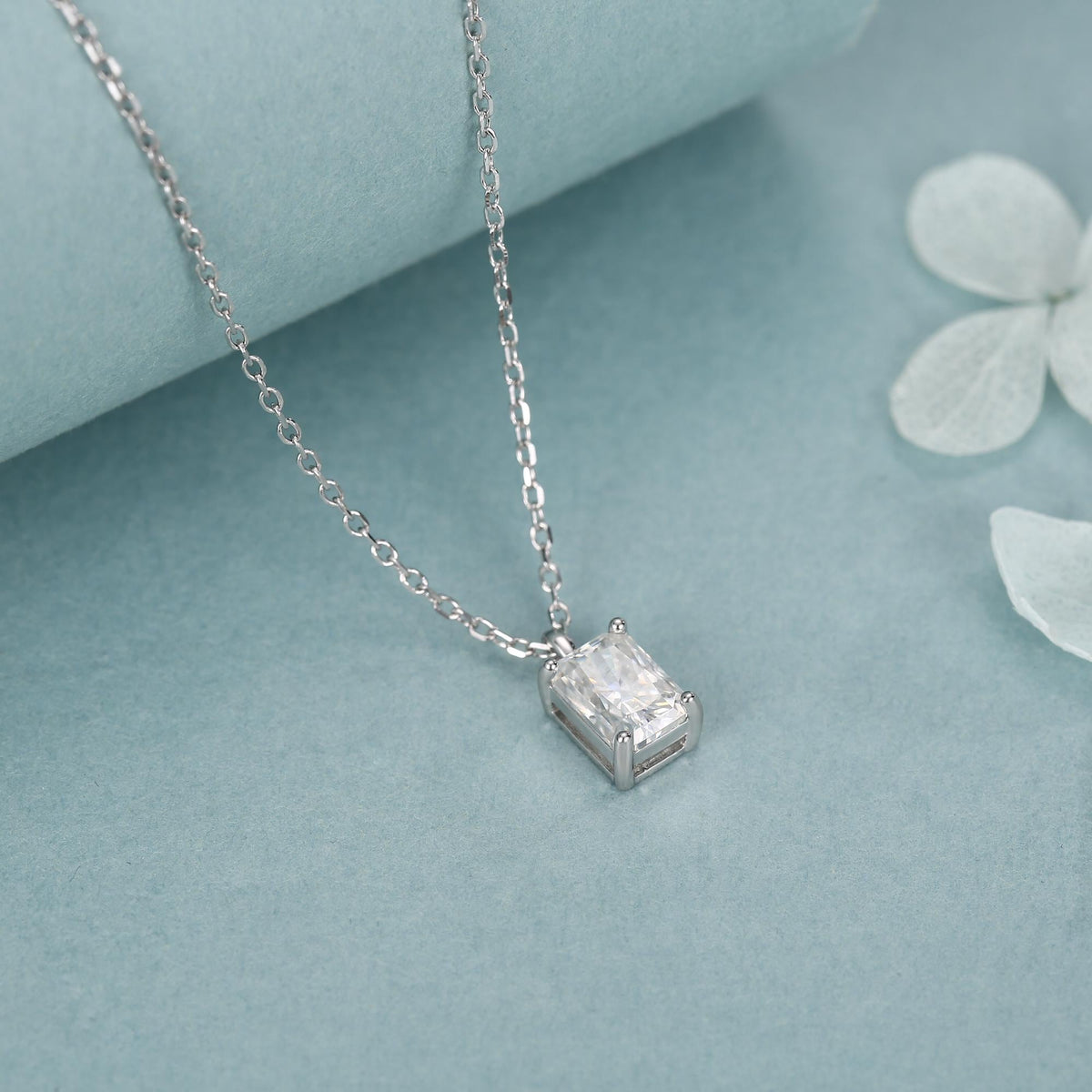 Sterling Silver Radiant Cut Emerald Shape Moissanite Necklace