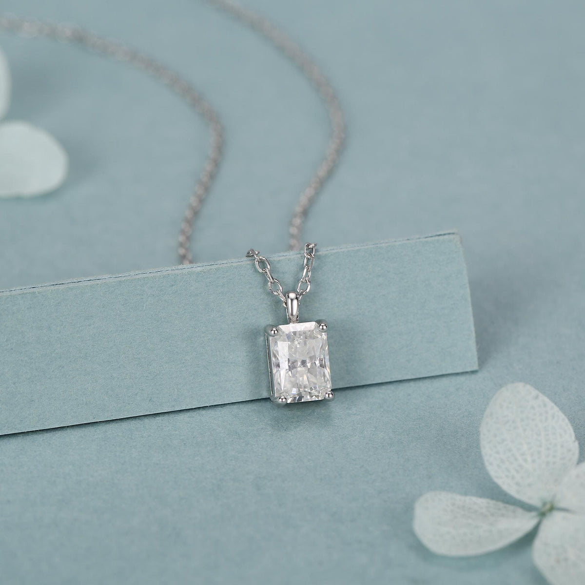 Sterling Silver Radiant Cut Emerald Shape Moissanite Necklace