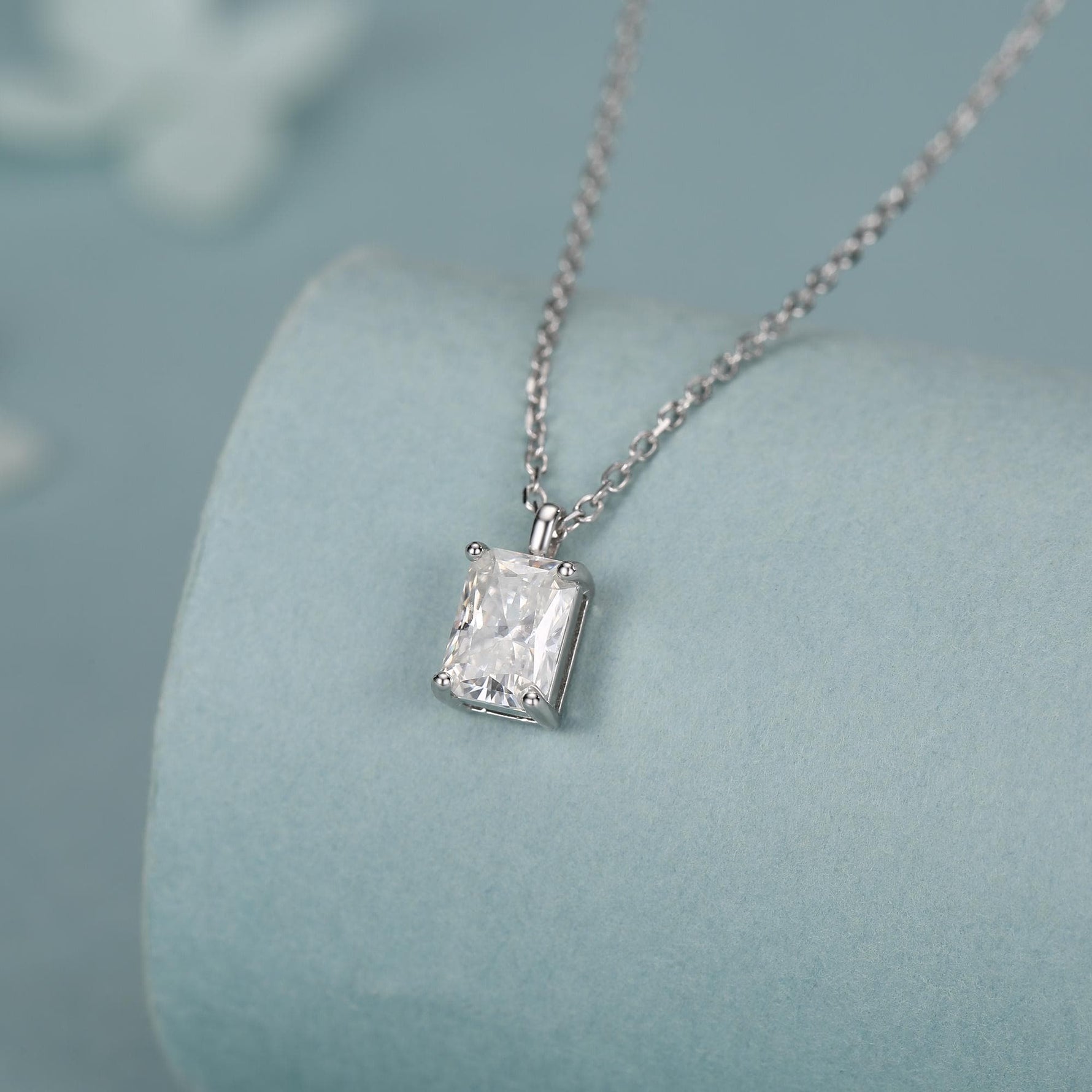 Sterling Silver Radiant Cut Emerald Shape Moissanite Necklace