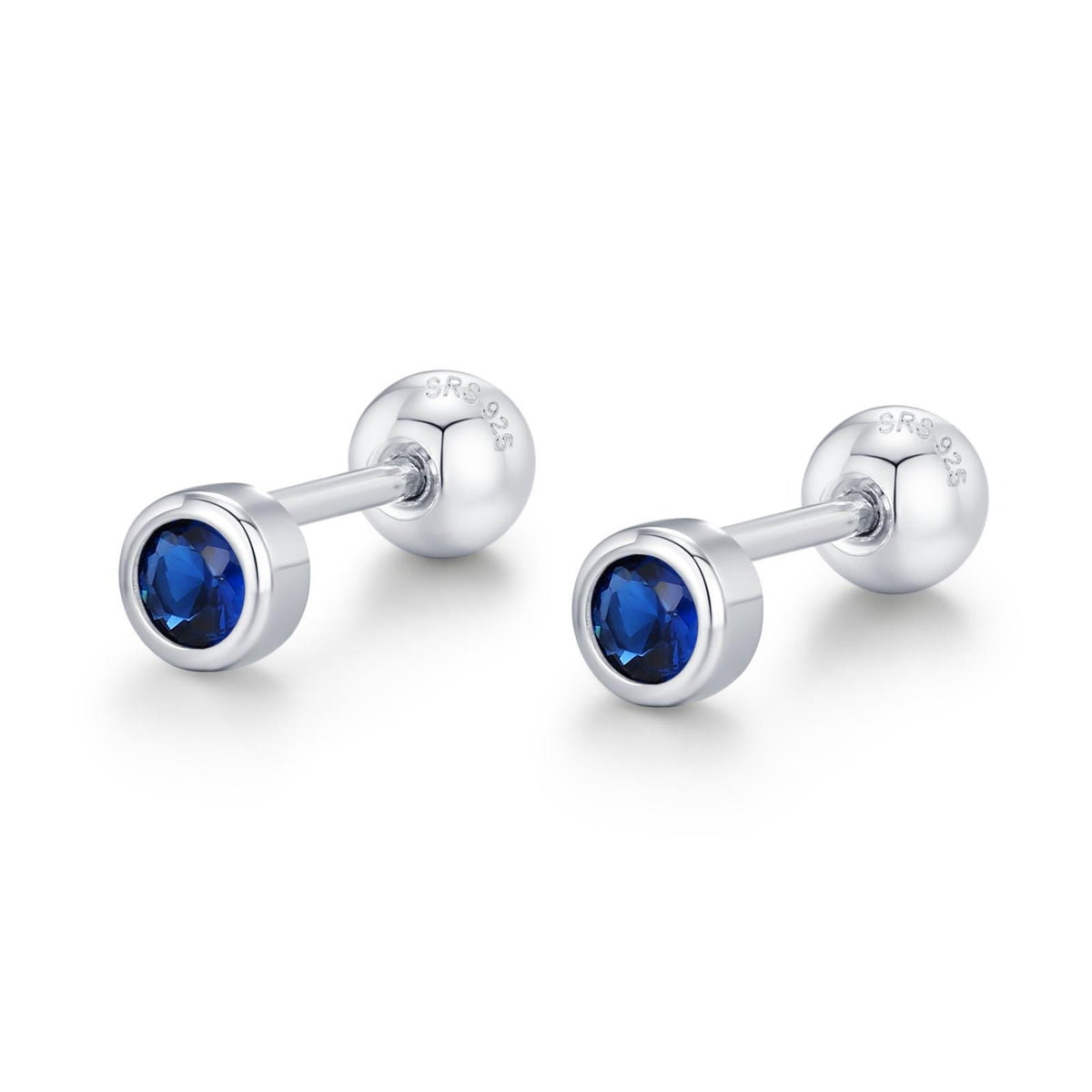 Sterling Silver Bezel Set Sapphire Blue CZ Crystal Screw Back Earrings, 3mm CZ Piercing Jewellery, Brilliant Cut Blue CZ Barbell Earrings