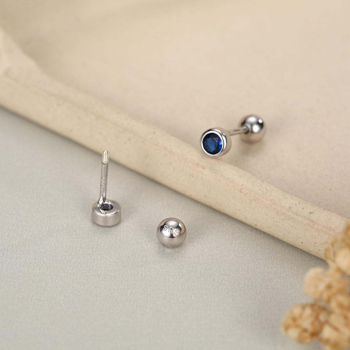 Sterling Silver Bezel Set Sapphire Blue CZ Crystal Screw Back Earrings, 3mm CZ Piercing Jewellery, Brilliant Cut Blue CZ Barbell Earrings