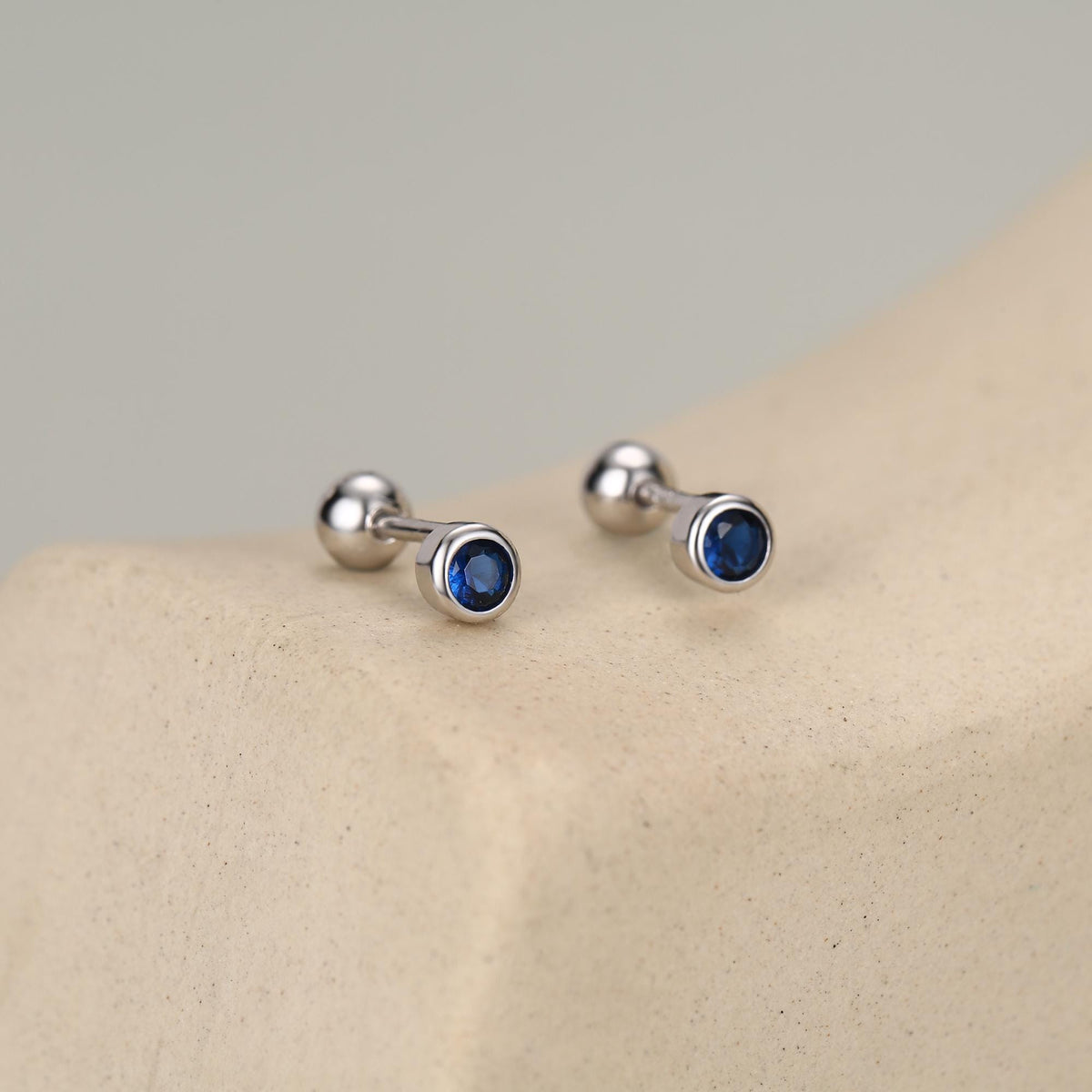 Sterling Silver Bezel Set Sapphire Blue CZ Crystal Screw Back Earrings, 3mm CZ Piercing Jewellery, Brilliant Cut Blue CZ Barbell Earrings
