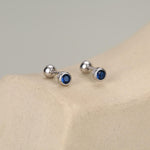 Sterling Silver Bezel Set Sapphire Blue CZ Crystal Screw Back Earrings, 3mm CZ Piercing Jewellery, Brilliant Cut Blue CZ Barbell Earrings