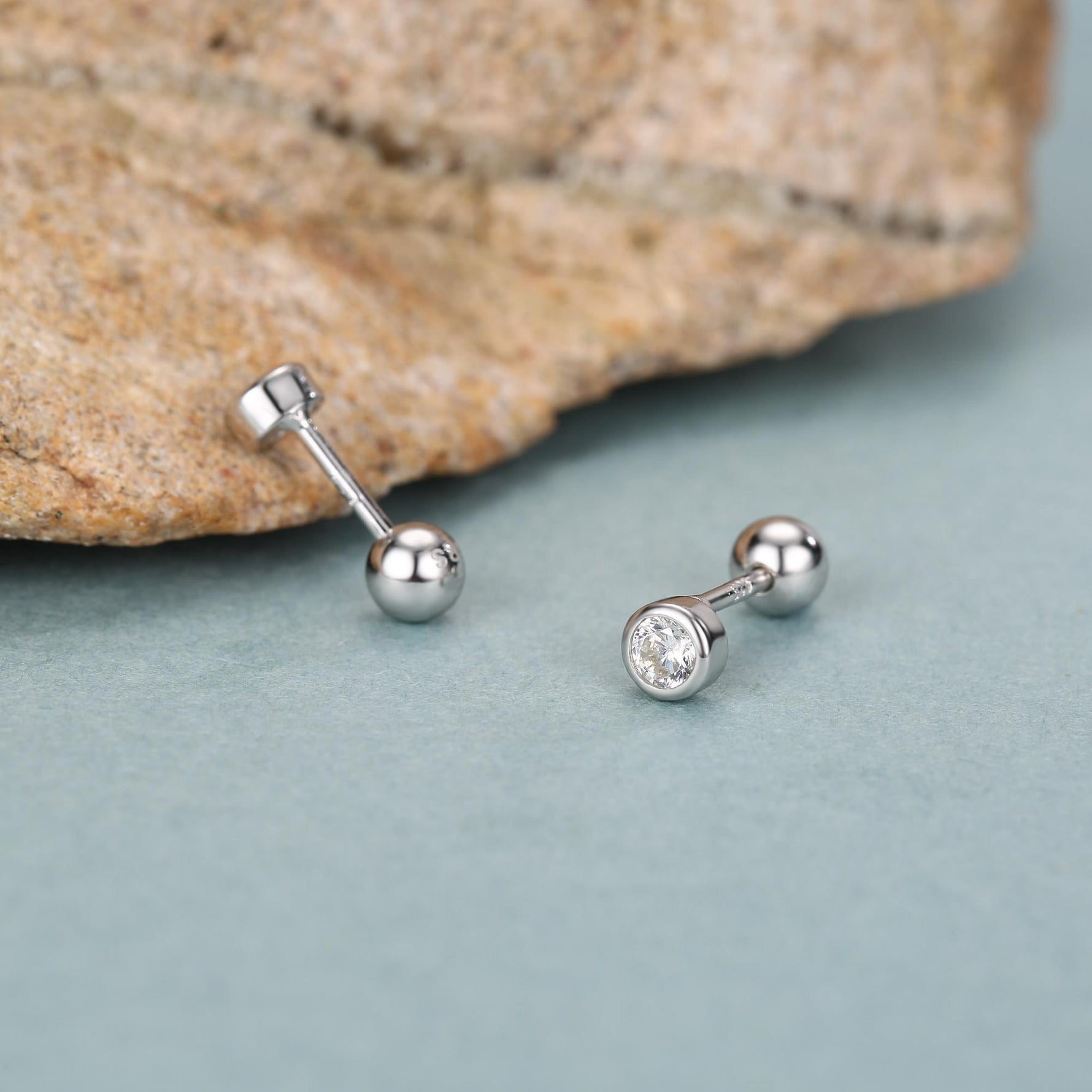 Small Pair of CZ Crystal Earrings in Sterling Silver, Rose Gold and Silver, Screw Back Earrings - helix ,cartilage , conch, tragus