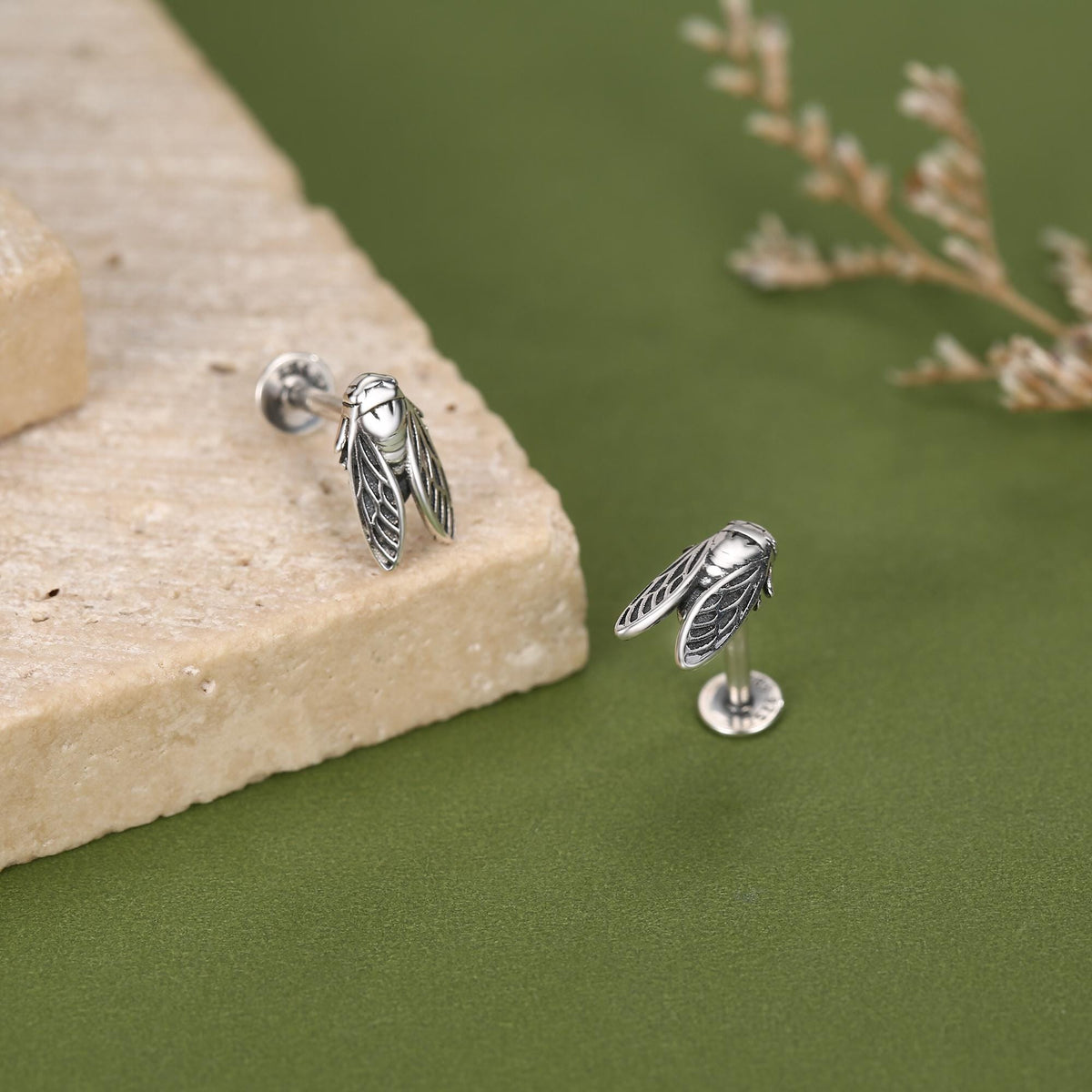 Sterling Silver Cicada 16G Flat Back Stud Earrings