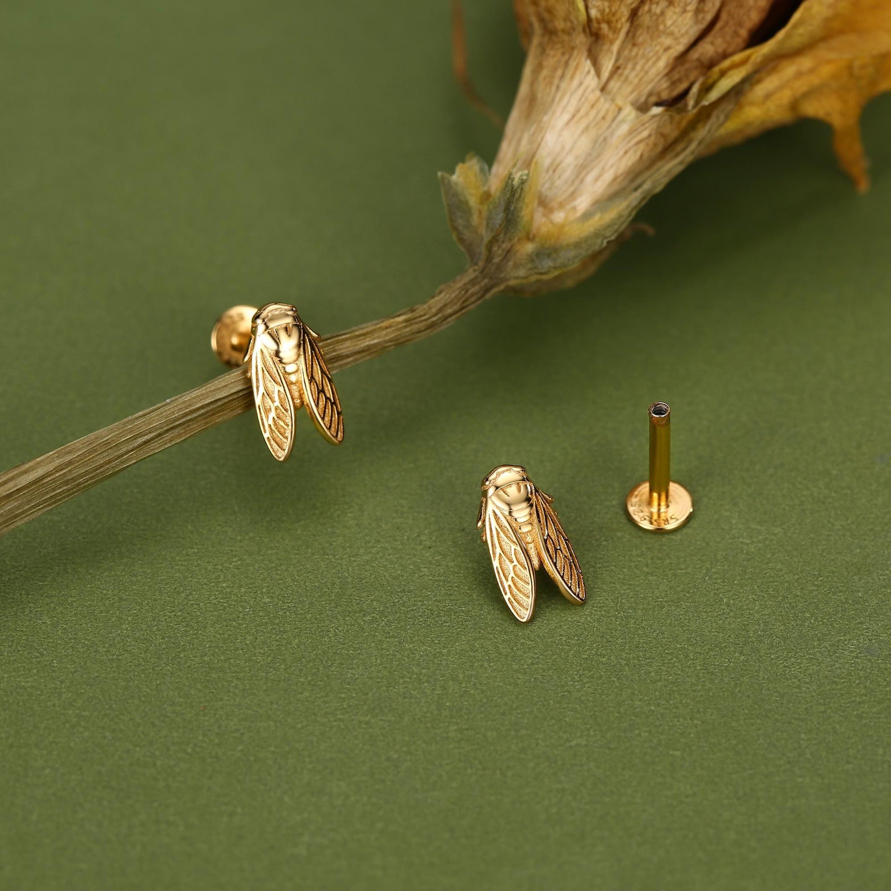 Sterling Silver Cicada 16G Flat Back Stud Earrings