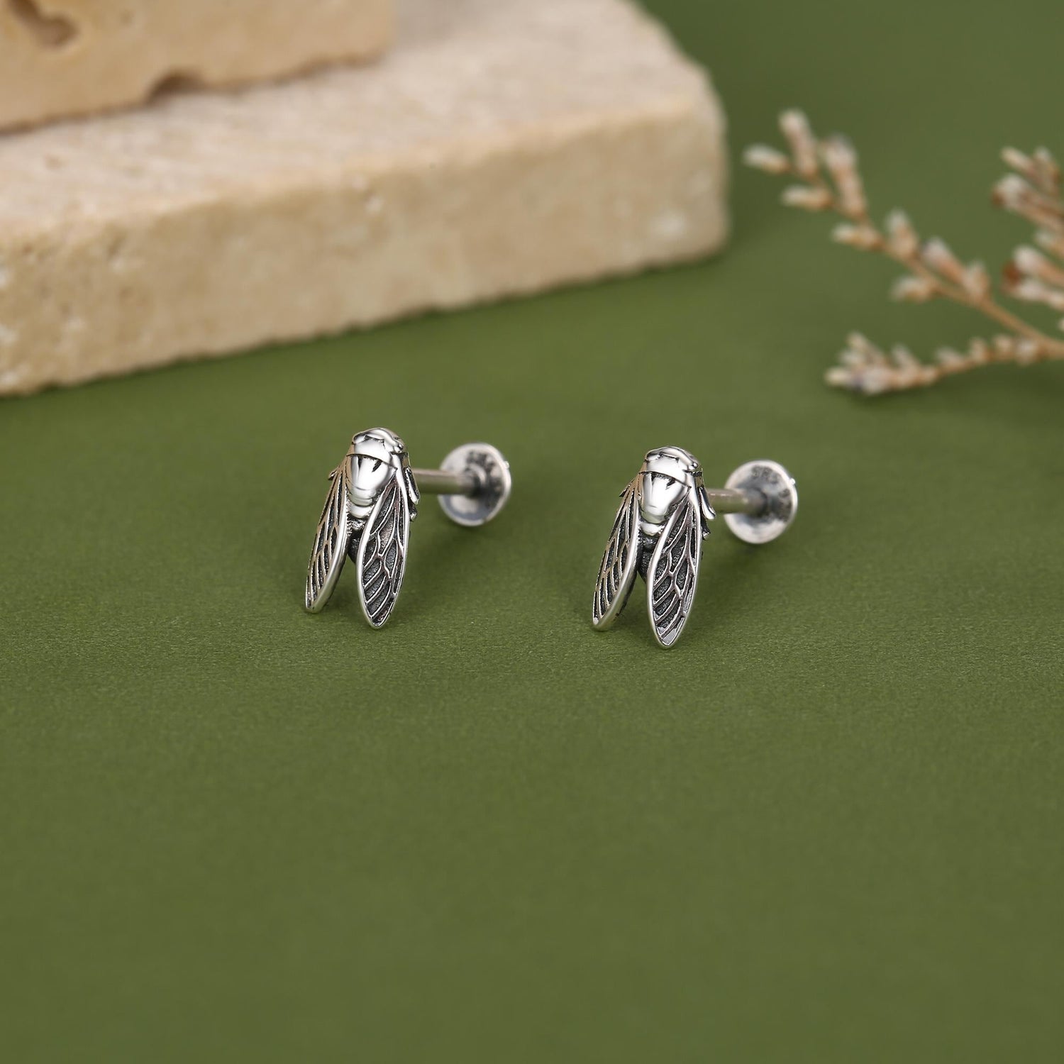 Sterling Silver Cicada 16G Flat Back Stud Earrings