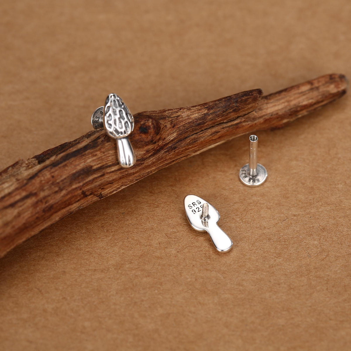 Sterling Silver Morel Mushroom 16G Flat Back Stud Earrings