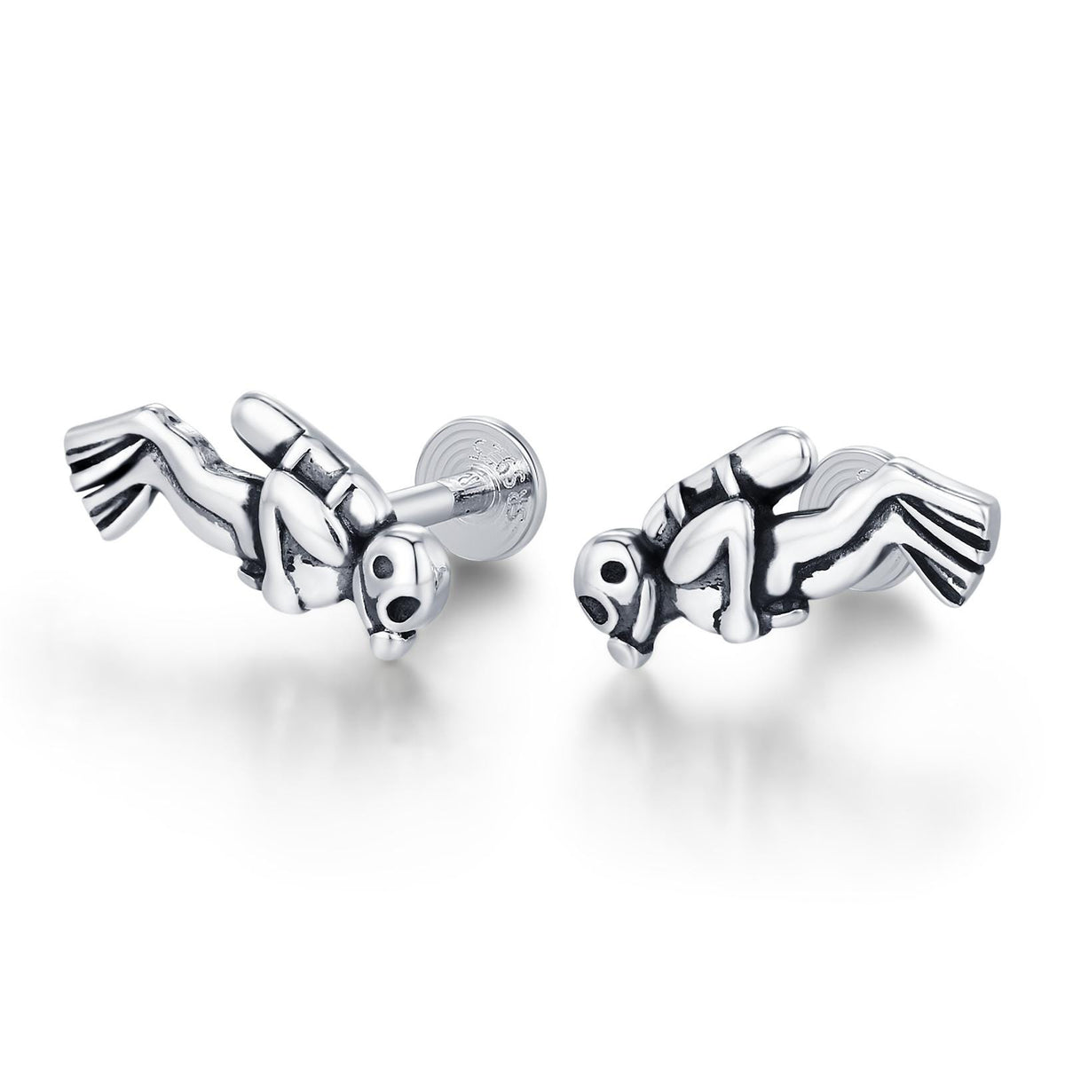 Sterling Silver Scuba Diver 16G Flat Back Stud Earrings