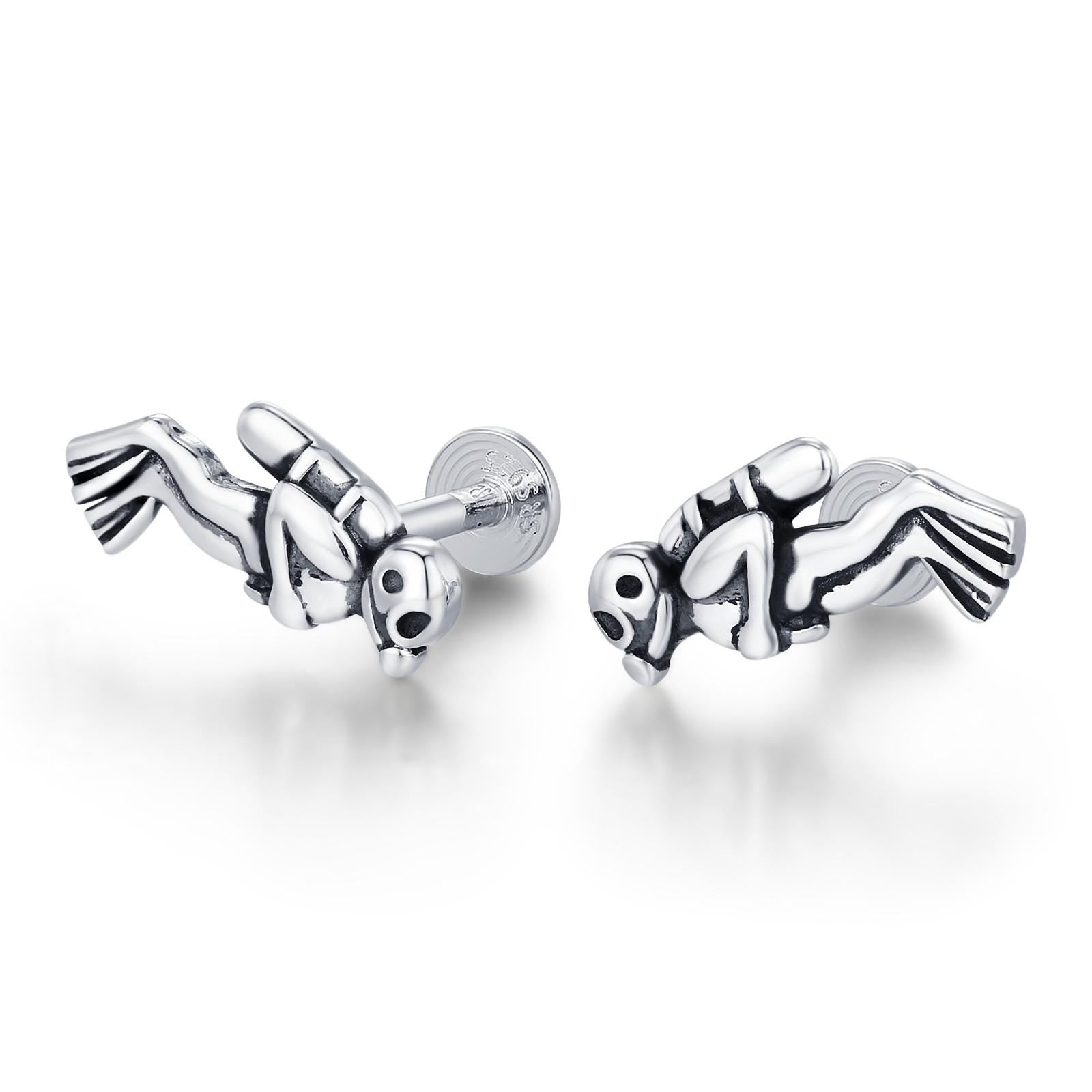 Sterling Silver Scuba Diver 16G Flat Back Stud Earrings