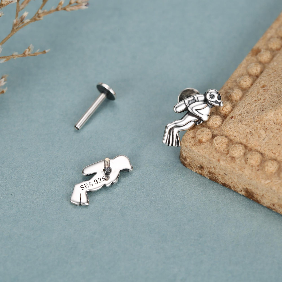 Sterling Silver Scuba Diver 16G Flat Back Stud Earrings