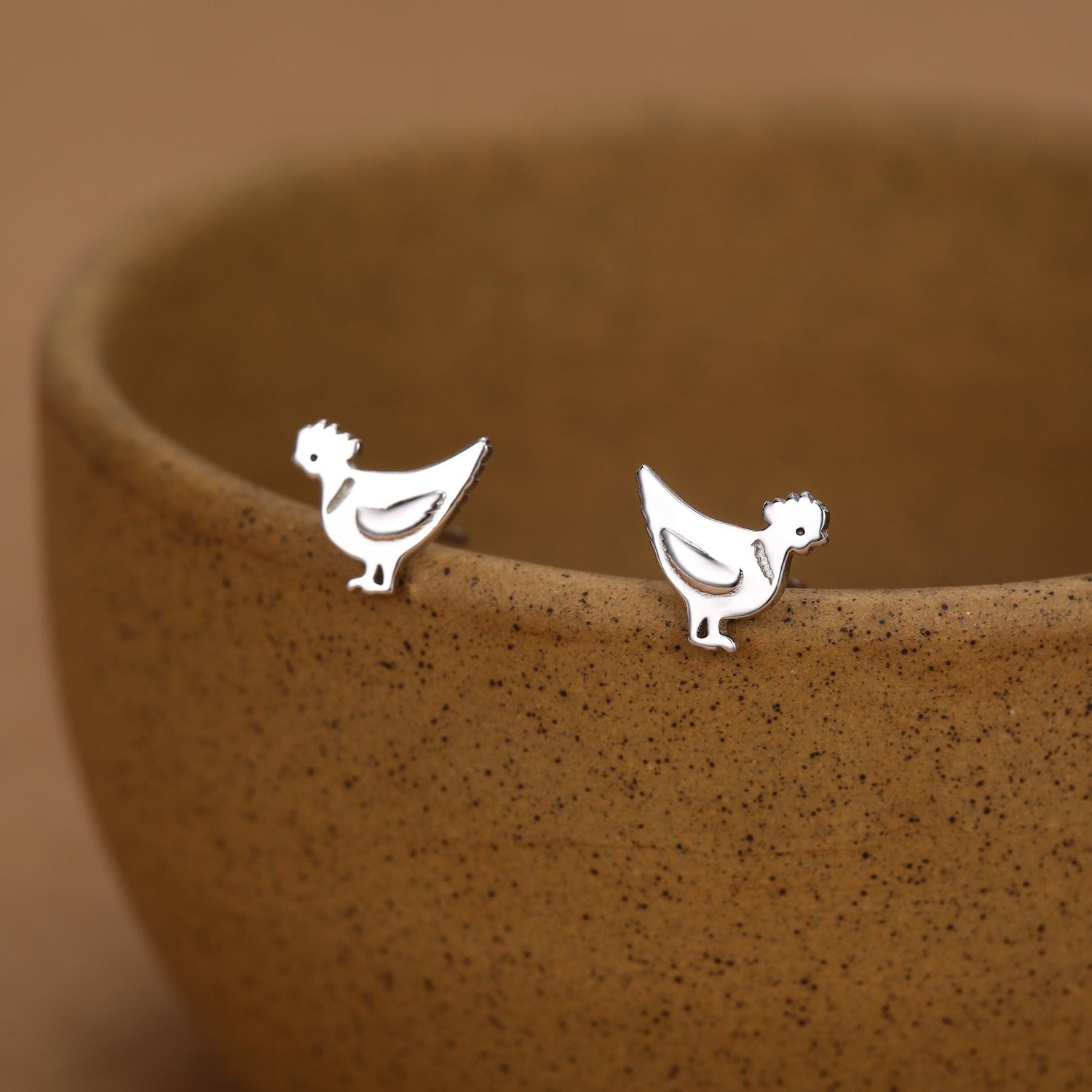 Chicken Stud Earrings in Sterling Silver, Nature Inspired Animal Earrings, Farm Animal Earrings