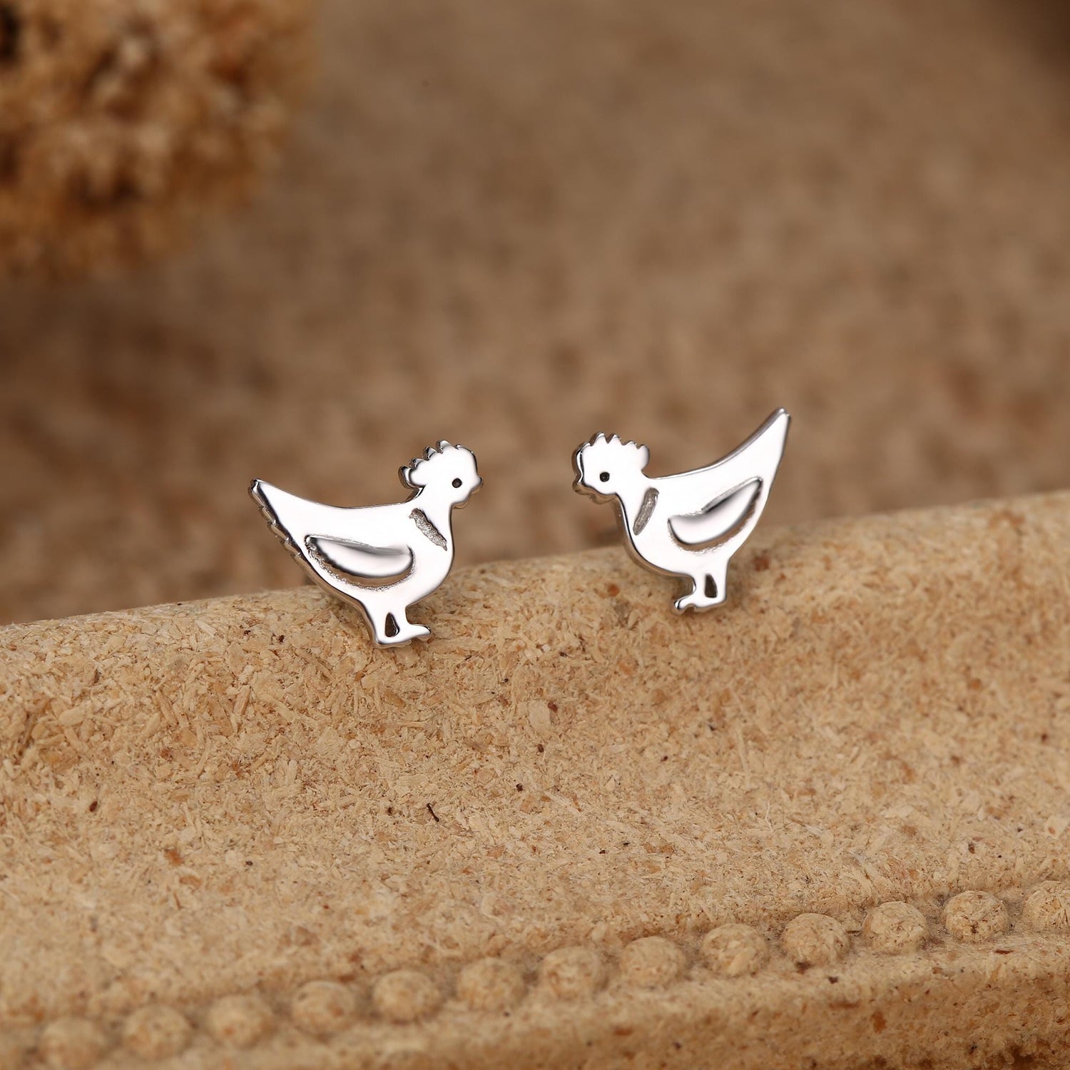 Chicken Stud Earrings in Sterling Silver, Nature Inspired Animal Earrings, Farm Animal Earrings