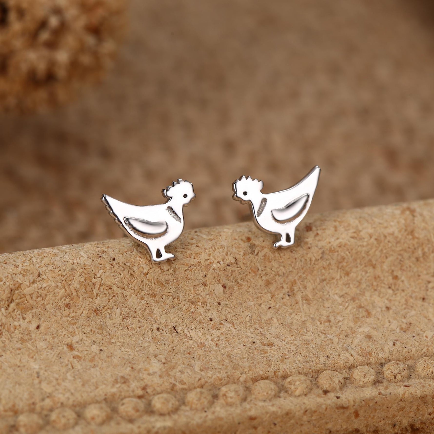 Chicken Stud Earrings in Sterling Silver, Nature Inspired Animal Earrings, Farm Animal Earrings