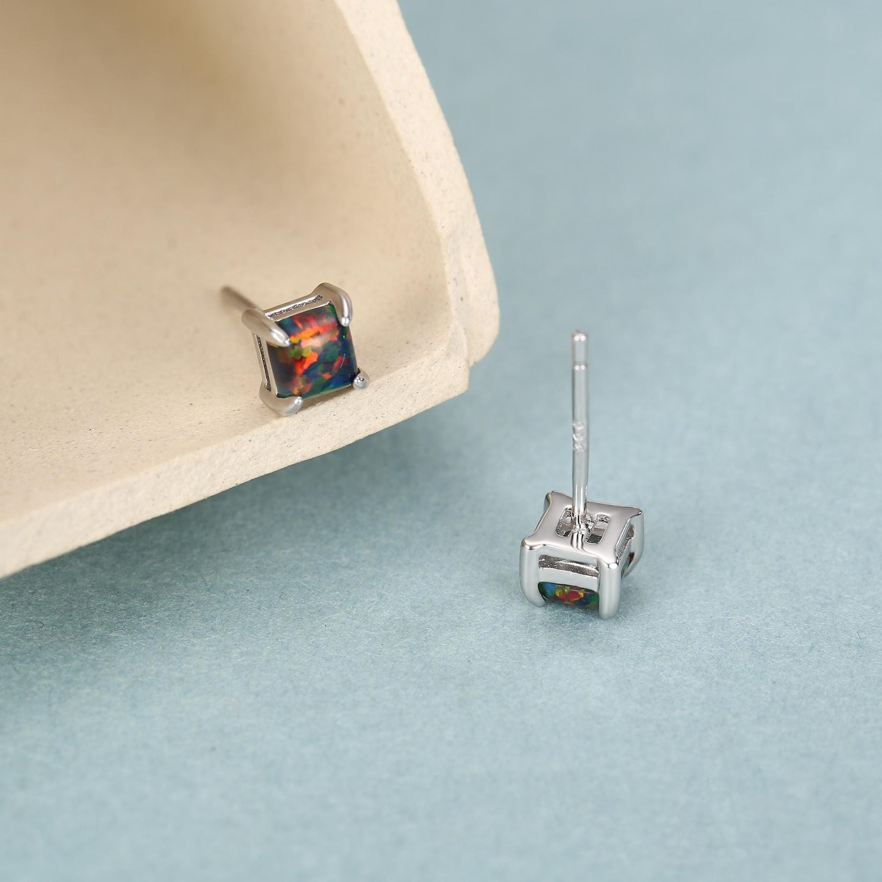 Black Opal Square Stud Earrings in Sterling Silver - Gold or Silver - Opal Cube Earrings - Petite Stud Earrings, Black Opal, Square Shape