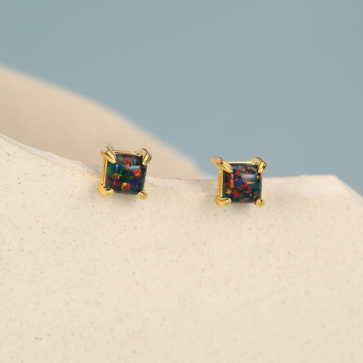 Black Opal Square Stud Earrings in Sterling Silver - Gold or Silver - Opal Cube Earrings - Petite Stud Earrings, Black Opal, Square Shape