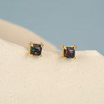 Black Opal Square Stud Earrings in Sterling Silver - Gold or Silver - Opal Cube Earrings - Petite Stud Earrings, Black Opal, Square Shape