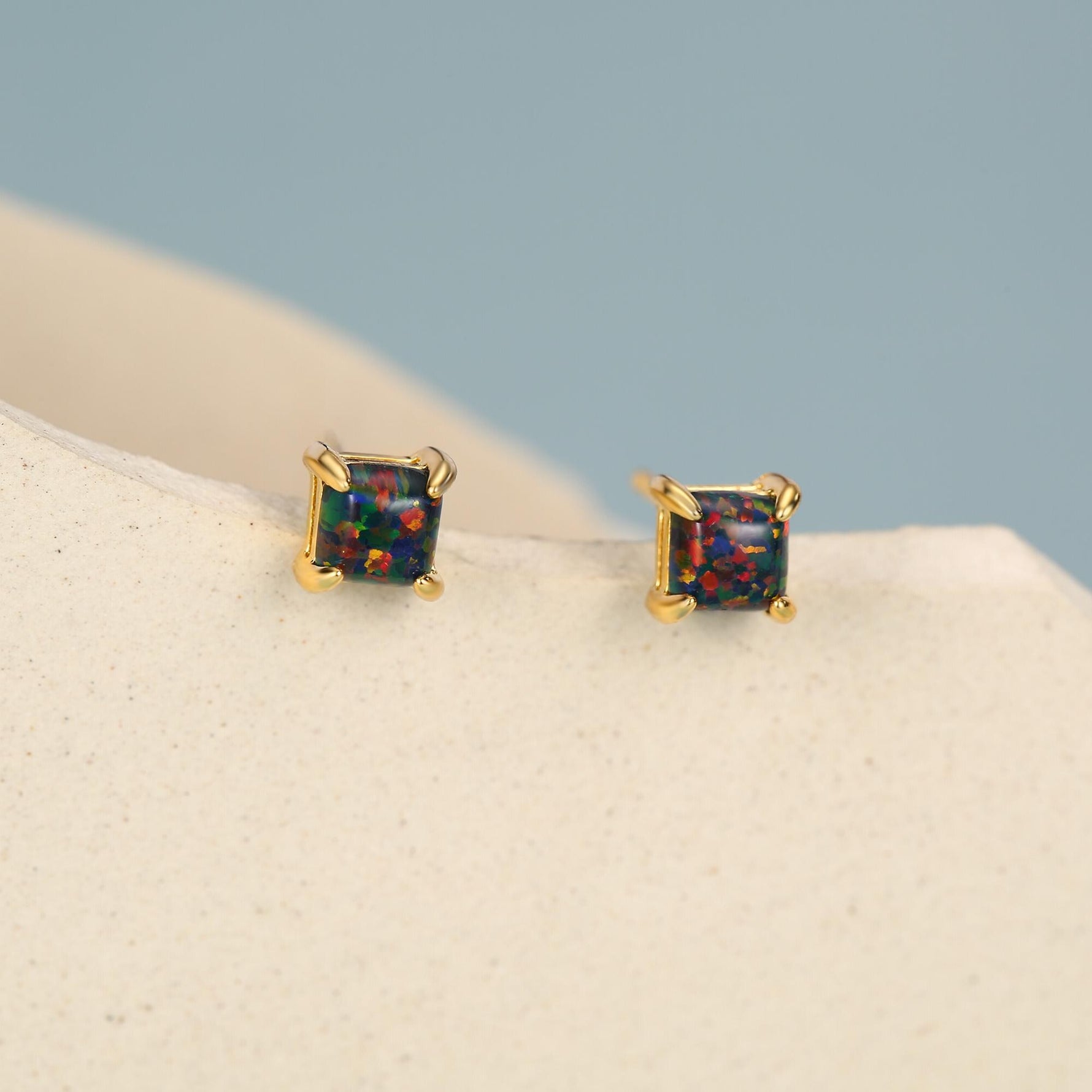 Black Opal Square Stud Earrings in Sterling Silver - Gold or Silver - Opal Cube Earrings - Petite Stud Earrings, Black Opal, Square Shape