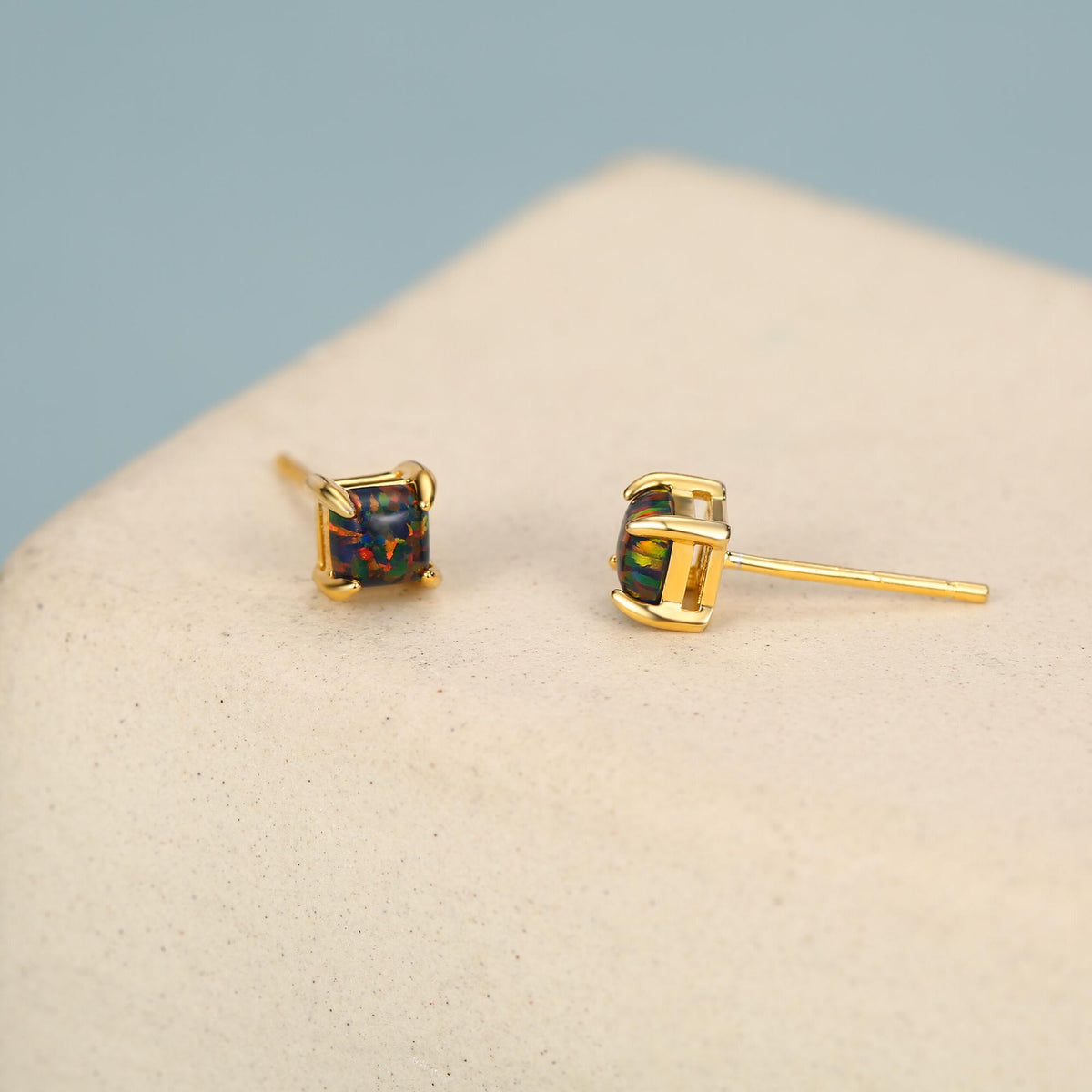 Black Opal Square Stud Earrings in Sterling Silver - Gold or Silver - Opal Cube Earrings - Petite Stud Earrings, Black Opal, Square Shape