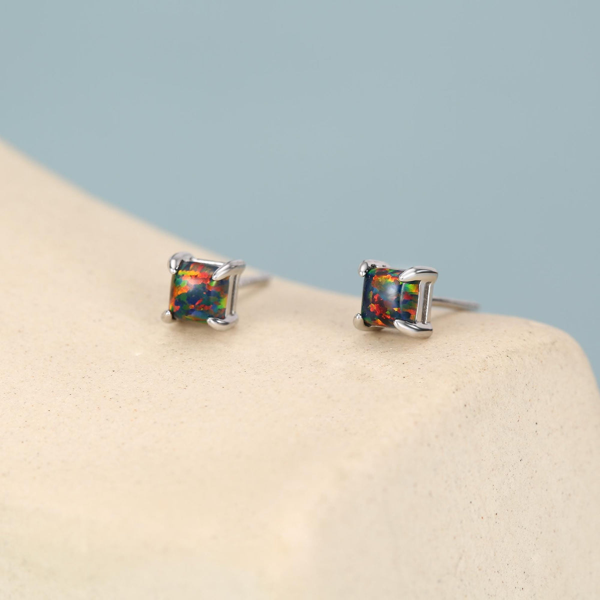 Black Opal Square Stud Earrings in Sterling Silver - Gold or Silver - Opal Cube Earrings - Petite Stud Earrings, Black Opal, Square Shape