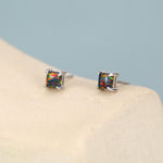 Black Opal Square Stud Earrings in Sterling Silver - Gold or Silver - Opal Cube Earrings - Petite Stud Earrings, Black Opal, Square Shape
