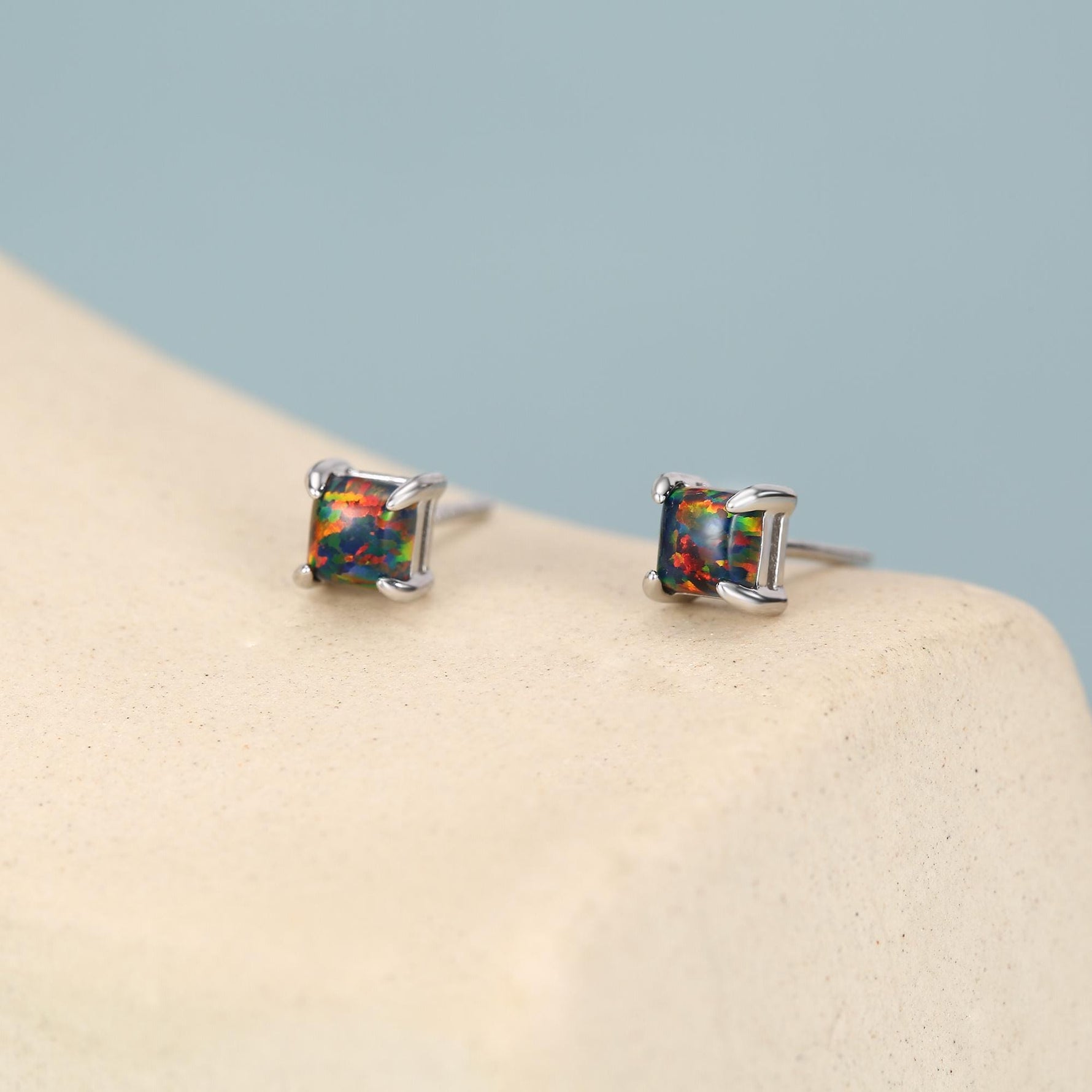 Black Opal Square Stud Earrings in Sterling Silver - Gold or Silver - Opal Cube Earrings - Petite Stud Earrings, Black Opal, Square Shape