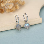 Genuine Labradorite Stone Beaded Huggie Hoop Earrings in Sterling Silver, 6mm Labradorite Hoops, Detachable Charms